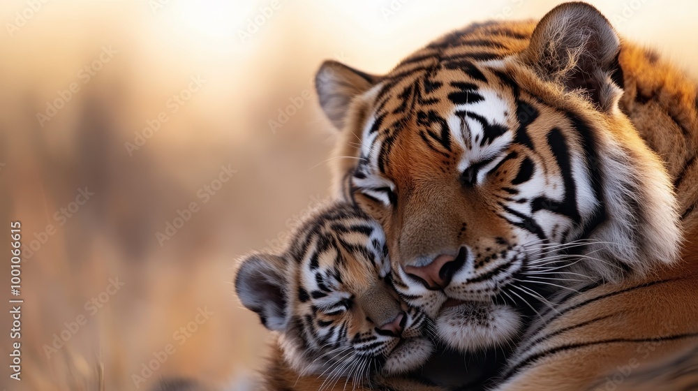 Obraz premium A heartwarming scene showing a tiger and its cub in a tender embrace, illustrating the beauty of wildlife and the bond between a parent tiger and its offspring in nature.
