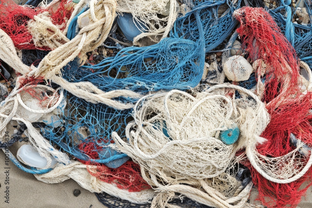 Colorful fishing nets and ropes on the beach Colorful fishing nets and ropes on the beach