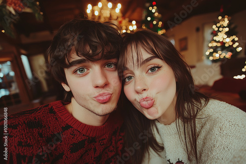 Cozy Couple Posing Indoors During Christmas Evening  photo