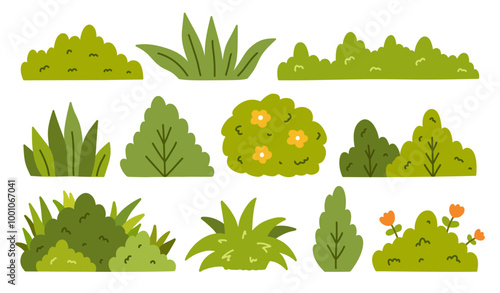 A set of bushes of various shapes isolated on a white background. Vector hand-drawn illustration in a flat style. Perfect for cards, decorations, logo, various designs.