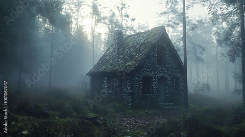 A small, broken-down stone cottage in the middle of a fog-covered forest clearing.