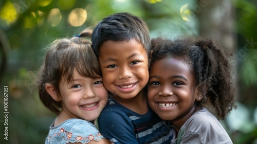 Three happy kids from different ethnic backgrounds, smiling together