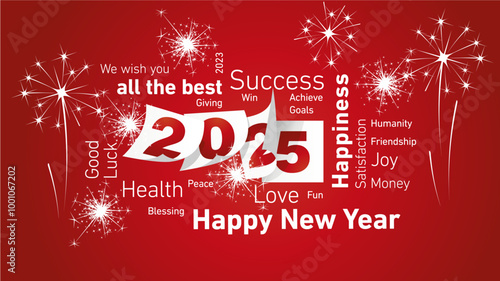 Happy New Year 2025 white word cloud text with 2025 calendar pages and light sparkle firework red background vector