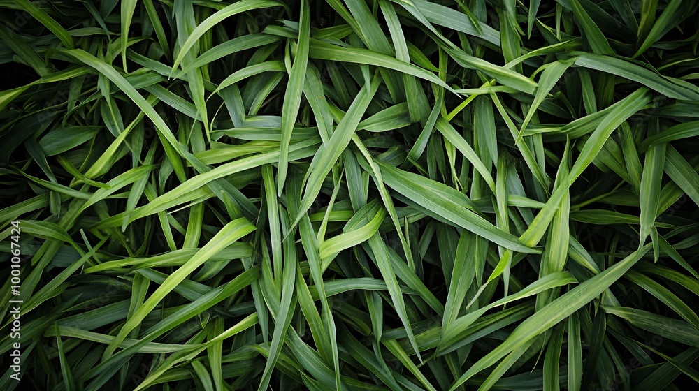 Lush Green Grass Blades Close Up.