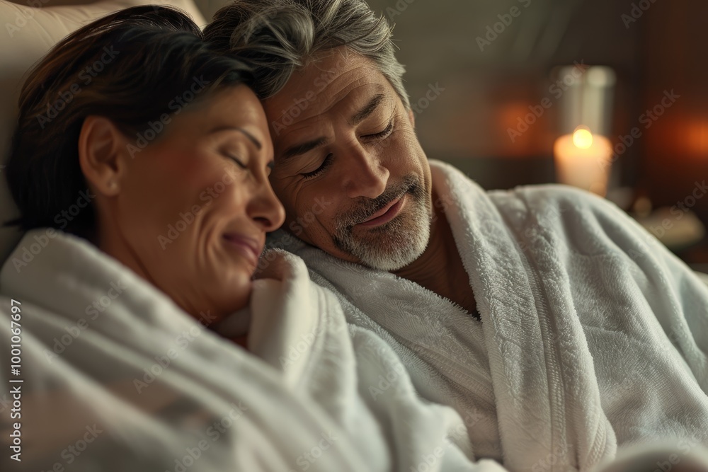Couple embracing in a serene spa environment, enjoying a stress-free moment before their wellness treatment in a luxurious setting Couple embracing in a serene spa environment, enjoying a stress-free moment before their wellness treatment in a luxurious setting
