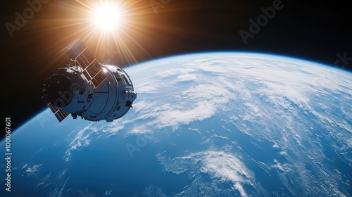 Fototapeta Naklejka Na Ścianę i Meble -  Satellite orbiting the earth with sun in background