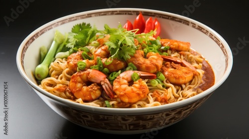 a malaysian delicacy, prawn noodles; a dish loaded with fresh ingredients such as freshly made noodles and freshly caught prawns, garnished with fresh parsley