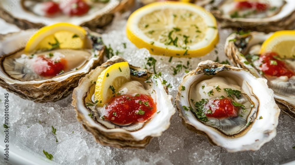 An artistic shot of fresh oysters on the half shell, garnished with lemon slices, cocktail sauce, and a sprinkle of herbs, presented on a bed of crushed ice. An artistic shot of fresh oysters on the half shell, garnished with lemon slices, cocktail sauce, and a sprinkle of herbs, presented on a bed of crushed ice.