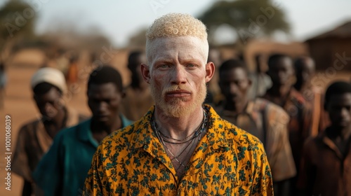 An albino man wearing a striking yellow-patterned shirt stands out against the backdrop of his rural village, surrounded by community members and tradition.