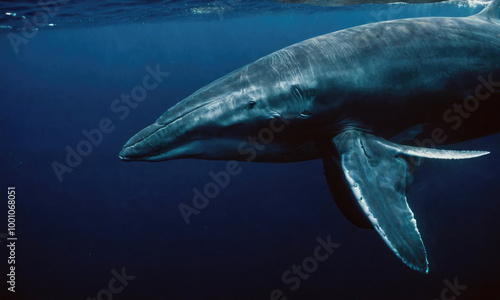 A whale swims through the blue water of the ocean