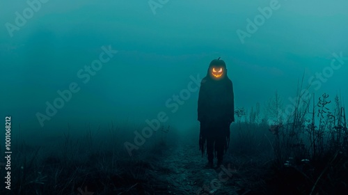 A scary person with jack o lantern head in the foggy field photo