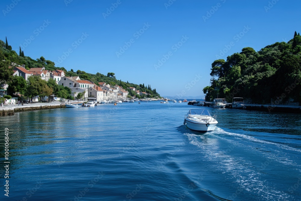 Obraz premium Scenic coastal town with boats and buildings