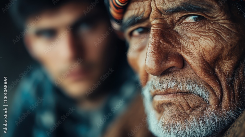 The image contrasts an elder's shrewd and intense gaze with the rugged, shadowed features of his face, capturing an essence of strength and deep insight. The image contrasts an elder's shrewd and intense gaze with the rugged, shadowed features of his face, capturing an essence of strength and deep insight.