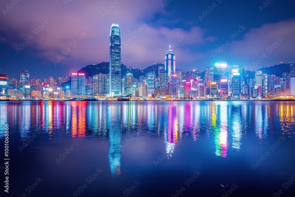 Fototapeta premium Vibrant cityscape with skyscrapers and reflections in the water