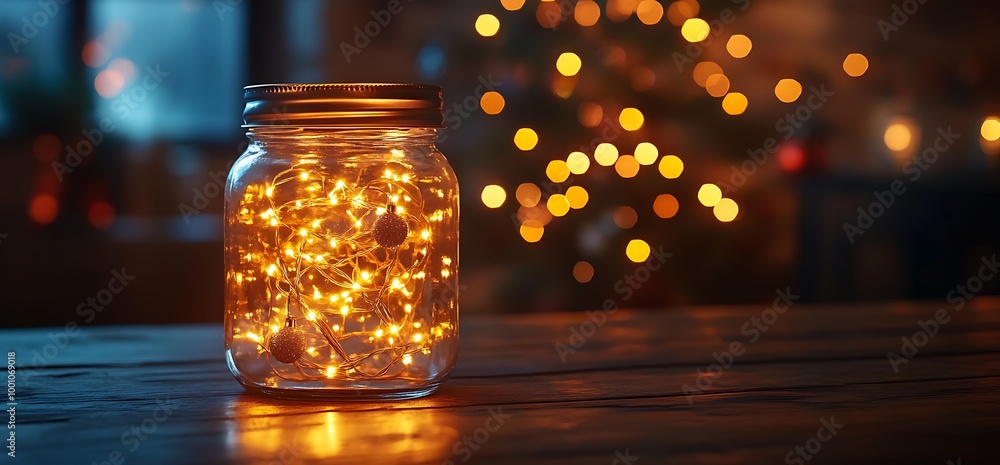 Mason jar filled with fairy lights on a wooden table with a blurred out Christmas tree in the background.