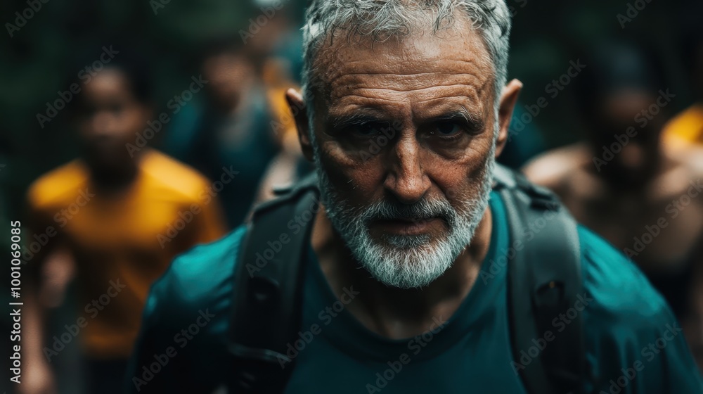 An elderly adventurer treks through a dense forest, portraying exploration and perseverance as he carries a backpack in an invigorating and wild environment. An elderly adventurer treks through a dense forest, portraying exploration and perseverance as he carries a backpack in an invigorating and wild environment.