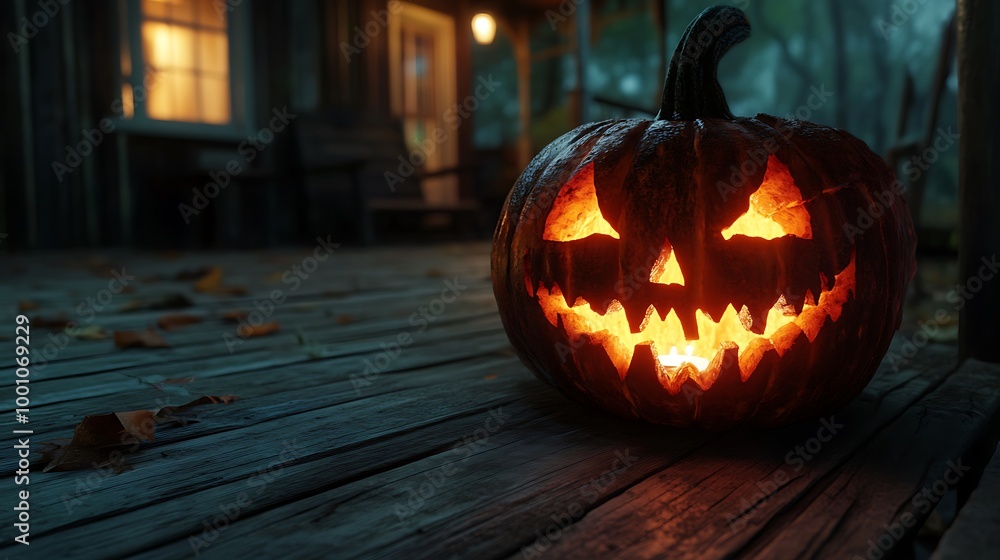 A spooky jack-o'-lantern with a twisted grin, lit by a flickering candle on an old wooden porch. A spooky jack-o'-lantern with a twisted grin, lit by a flickering candle on an old wooden porch.