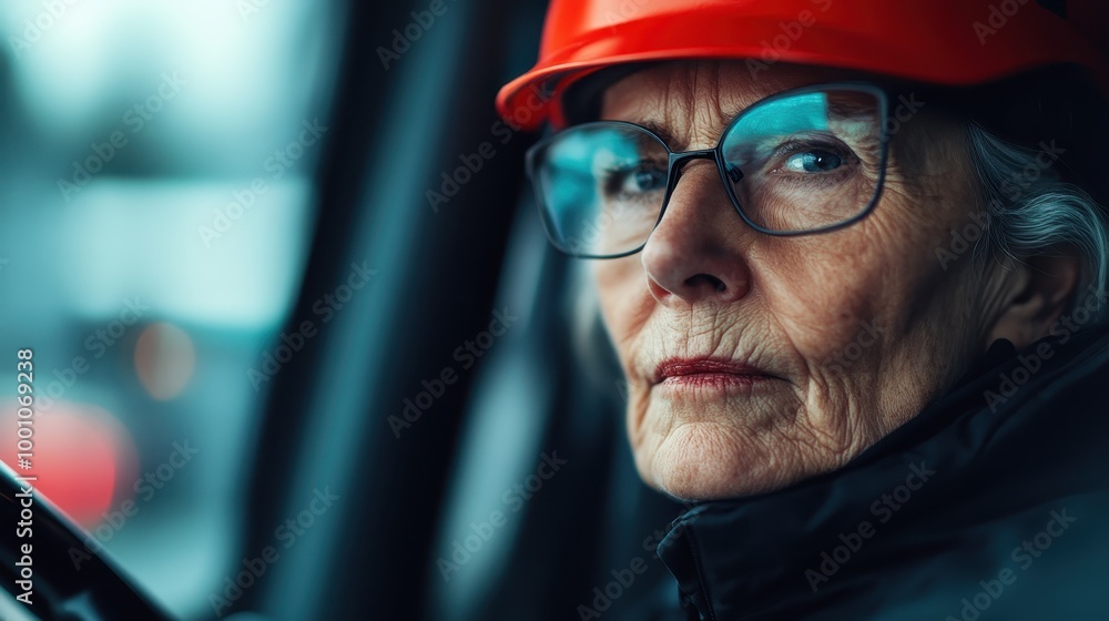 A confident elderly architect with glasses and a hat observes from inside a vehicle, conveying focus and authority within a dynamic urban environment. A confident elderly architect with glasses and a hat observes from inside a vehicle, conveying focus and authority within a dynamic urban environment.