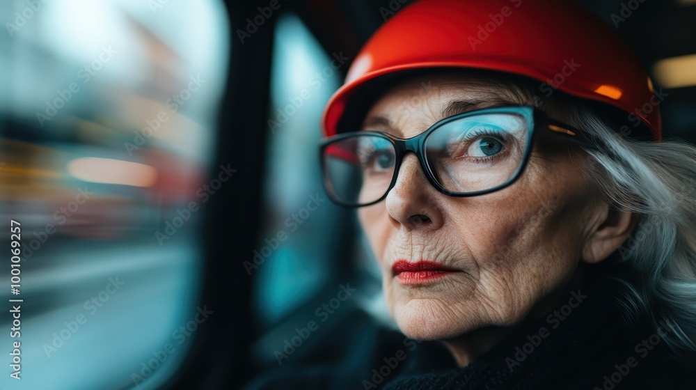 A pensive individual in a red helmet looking out of a bus window on a rainy day, evoking themes of introspection and the nuances of city life through a dramatic perspective. A pensive individual in a red helmet looking out of a bus window on a rainy day, evoking themes of introspection and the nuances of city life through a dramatic perspective.