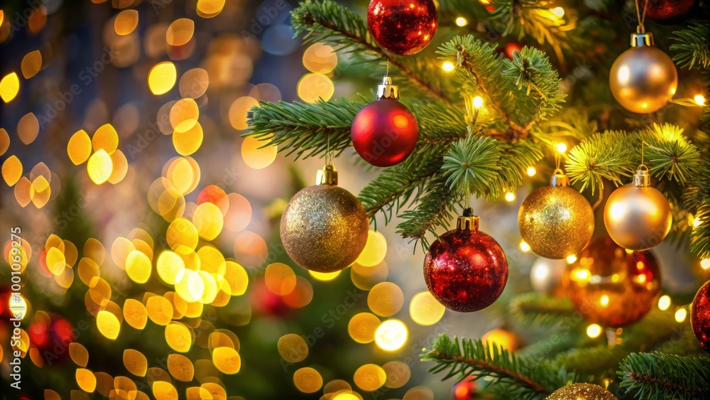 Shiny Christmas tree ornaments hang from a pine branch, enveloped by softly blurred lights, creating a dazzling, Shiny Christmas tree ornaments hang from a pine branch, enveloped by softly blurred lights, creating a dazzling,