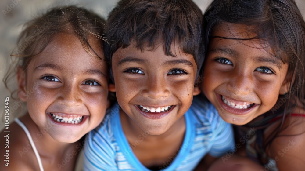 Three smiling children from different ethnic backgrounds, their faces close