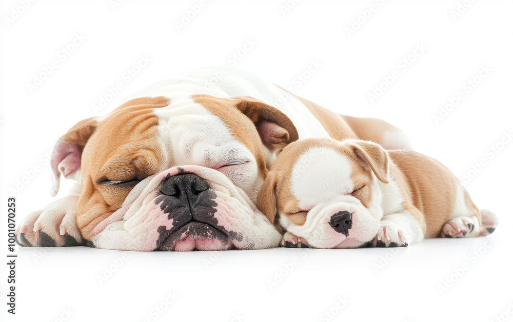 Bulldog and puppy sleeping together, white isolated background Bulldog and puppy sleeping together, white isolated background