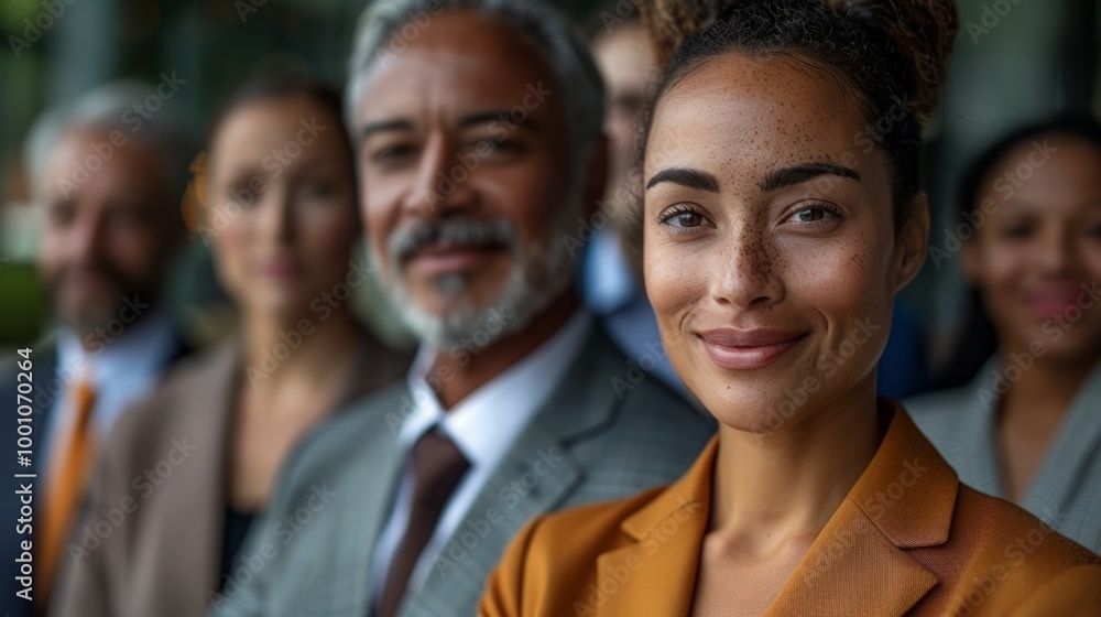 A group of people are standing together, with one woman smiling A group of people are standing together, with one woman smiling
