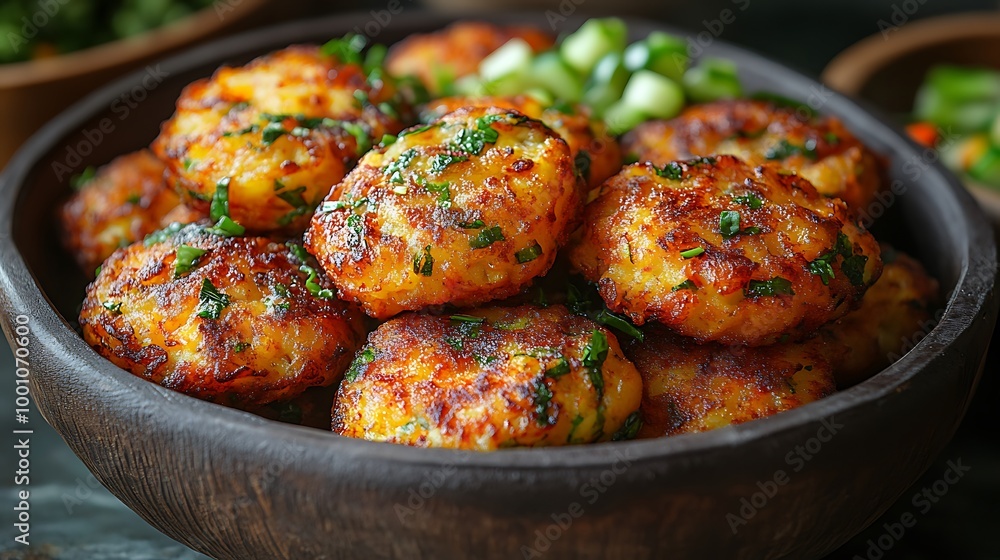 Close up of a bowl of crispy, golden brown potato croquettes garnished with fresh parsley and green onions. Close up of a bowl of crispy, golden brown potato croquettes garnished with fresh parsley and green onions.