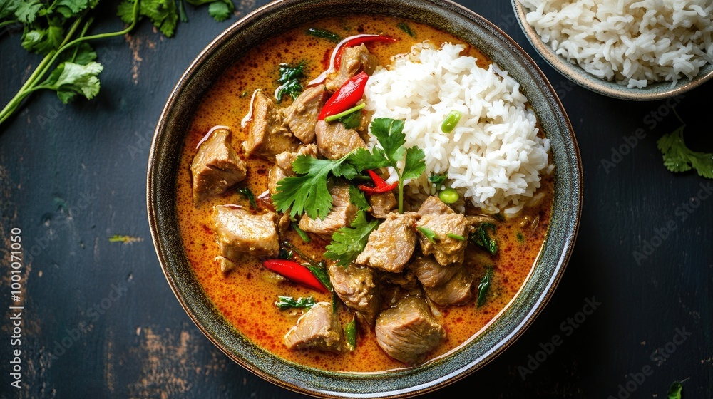 An overhead shot of a traditional Thai pork curry, with tender pork chunks simmered in a rich, aromatic curry sauce, served with a side of steamed jasmine rice. An overhead shot of a traditional Thai pork curry, with tender pork chunks simmered in a rich, aromatic curry sauce, served with a side of steamed jasmine rice.