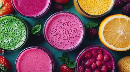 A top view of assorted colorful smoothies in glasses placed on a blue table, surrounded by an array of fresh fruits like lemons, strawberries, and raspberries.