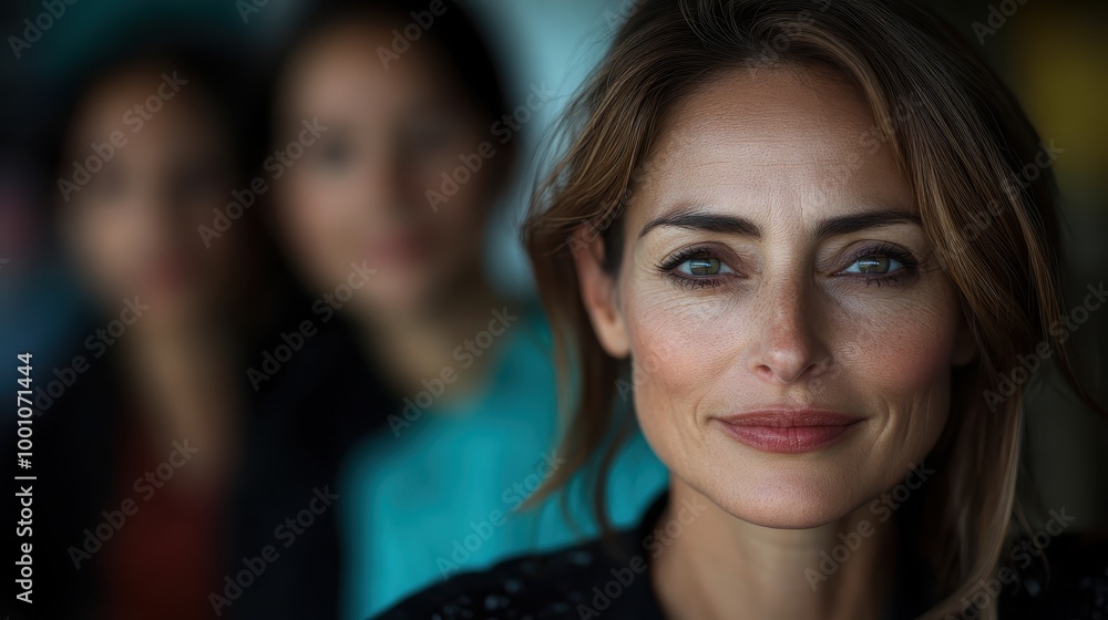The focused portrait captures a woman with serene expression, with blurred figures in the background, bringing the forefront face into compelling clarity and focus. The focused portrait captures a woman with serene expression, with blurred figures in the background, bringing the forefront face into compelling clarity and focus.