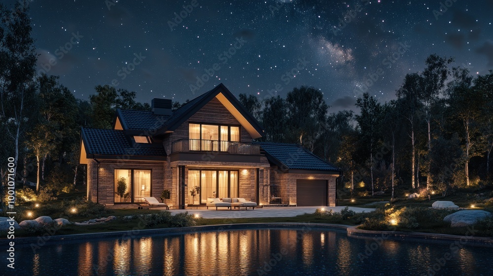 Fototapeta premium Modern Home with Pool under a Starry Sky