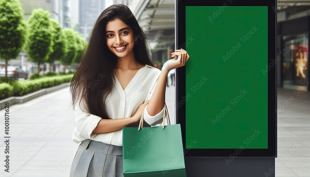 Woman holding shopping bag next to blank billboard in city. Woman holding shopping bag next to blank billboard in city.