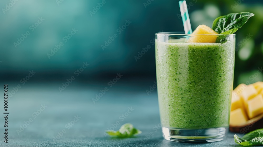 Fototapeta premium A fresh green smoothie in a transparent glass garnished with a slice of mango and basil leaves, accompanied by a straw, set against a soft green background with mango pieces.