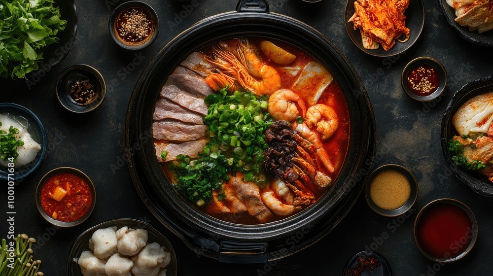 An overhead view of a hot pot with an assortment of meat, seafood, and vegetables cooking in a flavorful broth, surrounded by small bowls of dipping sauces. An overhead view of a hot pot with an assortment of meat, seafood, and vegetables cooking in a flavorful broth, surrounded by small bowls of dipping sauces.