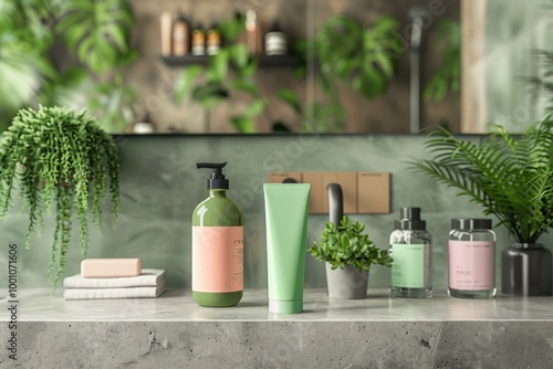 Stylish bathroom countertop featuring green and pink skincare products with plants in a serene setting photo