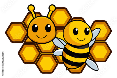 Close up view of the working bees on honey cells on white background