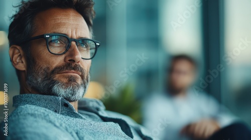 A confident man with striking glasses and a thoughtful gaze is captured indoors, enveloped in a contemporary setting that frames his introspective demeanor.