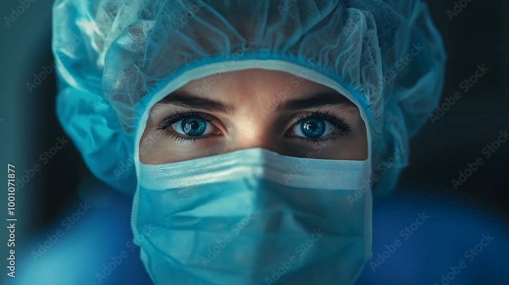 A surgeon face close-up, with eyes focused on the procedure, wearing magnifying surgical loupes. A surgeon face close-up, with eyes focused on the procedure, wearing magnifying surgical loupes.