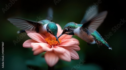 A mesmerizing image of hummingbirds delicately feeding on pink flower petals, showcasing the intricate beauty of nature, harmony, and the minute details of the natural world.