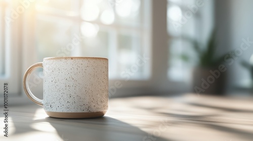 Wallpaper Mural A beautifully crafted ceramic mug with a speckled finish sits on a wooden table, illuminated by gentle sunlight, creating a tranquil and aesthetically pleasing scene. Torontodigital.ca