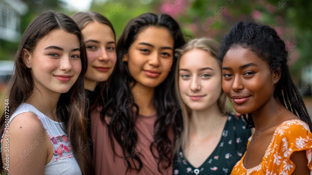 Fototapeta premium Young women of various ethnic backgrounds, standing closely and smiling warmly
