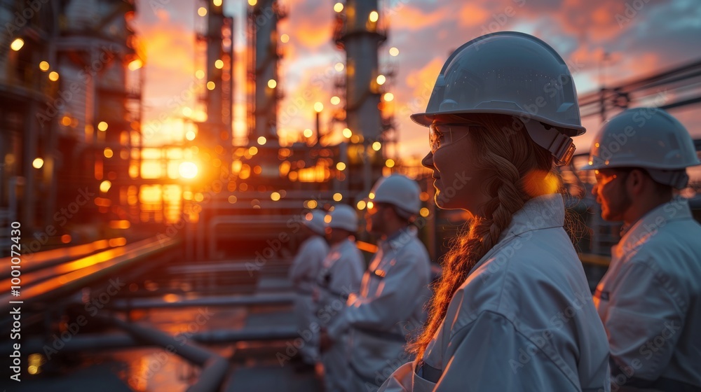 A group of workers are standing on a platform in front of a sunset A group of workers are standing on a platform in front of a sunset