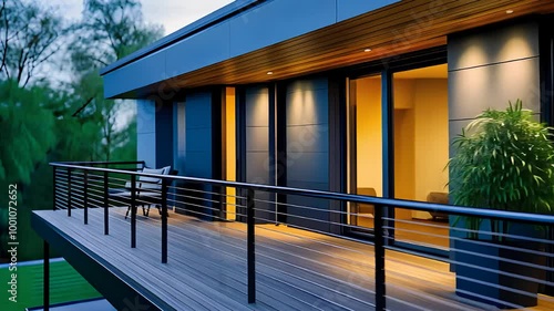 Modern house with a sleek deck, glass doors, and railing, creating a stylish and contemporary outdoor living space surrounded by nature. photo