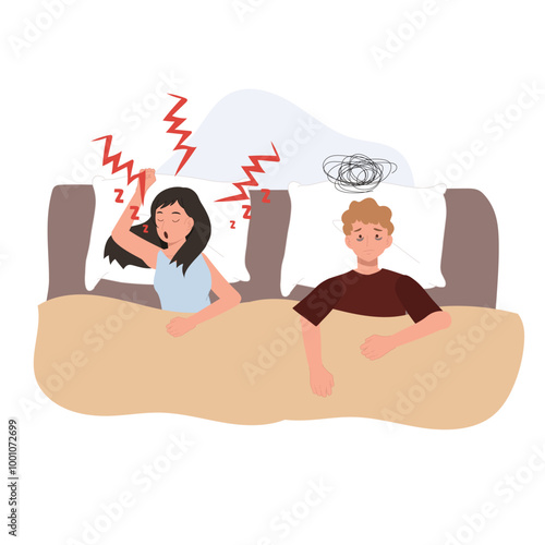 husband insomnia due to wife snoring. sleepless nights and relationship dynamics