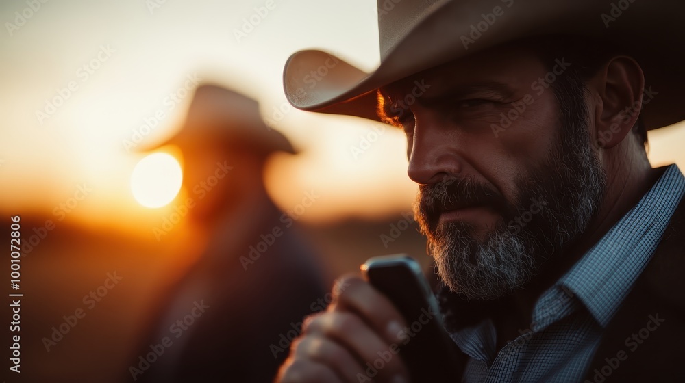 A focused cowboy, identified by his distinctive hat, stands against a serene sunset backdrop, embodying the tranquility and depth of the twilight hours. A focused cowboy, identified by his distinctive hat, stands against a serene sunset backdrop, embodying the tranquility and depth of the twilight hours.