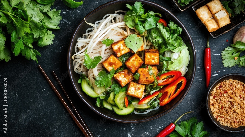 An overhead view of a traditional Thai noodle dish with mixed vegetables, tofu, and a savory sauce, served with a side of fresh herbs and sliced chilies. An overhead view of a traditional Thai noodle dish with mixed vegetables, tofu, and a savory sauce, served with a side of fresh herbs and sliced chilies.
