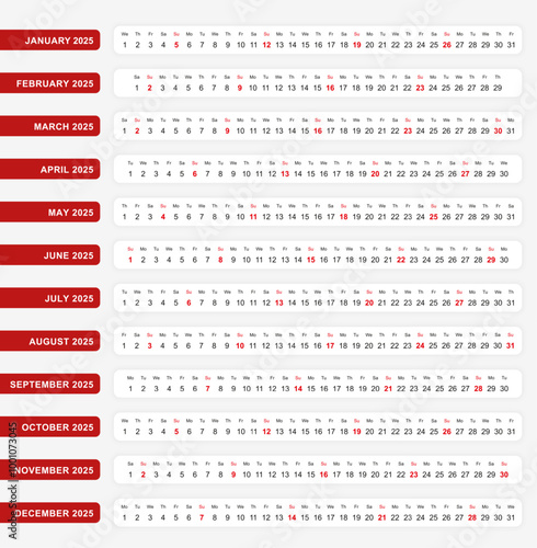 Horizontal one line calendar 2025, One line calendar template for you design.