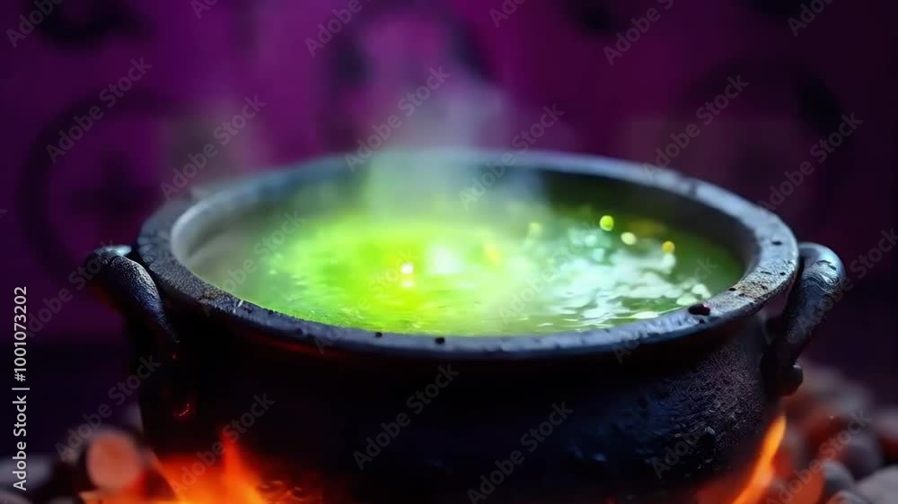 Close-up of a cauldron filled with green potion bubbling over a fire. Close-up of a cauldron filled with green potion bubbling over a fire.