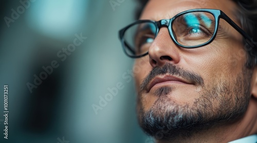 A professional with glasses poses confidently outside, embodying self-assurance and modern sophistication, with a blurred cityscape in the background.